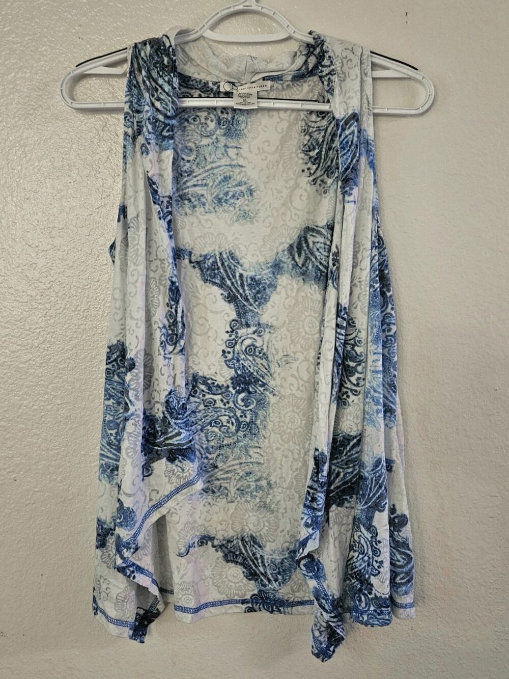 Charlotte Russe XL Sleeveless Open Drape Cardigan Blue White Vest Burnout Boho